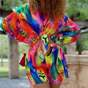 Color Me Feather short set from Touchdolls (multicolor tropical print).